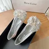 Fashion Square Head Bow Rhinestone Shallow Mouth Satin Single Shoes Low Shoes Set Foot Soybean Shoes Low Heel Flat Women's Shoes 1024235