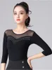 Stage Wear Solid Color Latin Dance Modern Tops Mesh Patchwork Middle Sleeve Costume Evening T-shirt Belly Women Rhinestones Dancewear