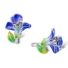 Stud Earrings Enamel Purple Blooming Flower Leaf Shaped Crystal Ear Studs Graceful Wedding Party Jewelry