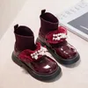 Boots Girls Fashion Patent Leather Children Elastic Socks 2023 String Bead Autumn Princess Slip-On Ankle Kids Shoes