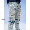 Tasarımcı kot pantolon amirler s high Street moda markası yıkama su vintage mavi aşınmış delik yama diz kayışı ince fit kot erkekler