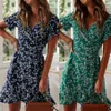 Robes décontractées Boho imprimé floral volants femmes robe 2022 été sexy col en V à manches courtes une ligne en mousseline de soie mini plage vacances Sundr164e