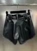 Kvinnors shorts VGH Solid Patchwork -nitar Slimming Läder Korta byxor för kvinnor Hög midja Spliced ​​Belt Streetwear Kvinnligt mode