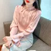 Enkel mode Silk Satin Pink Bluses Stand Collar Women's Designer Flare Sleeve Elegant Blus 2023 Autumn Winter Office Lady Lady Lady Color Runway Tops Plus Size