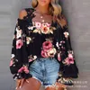 Dames T-shirts 2023 Lente Stijl Woon-werkverkeer Off-shoulder Print Lace Up Flare Mouwen Losse en Comfortabele Top met Lange Mouwen