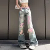 Jeans pour femmes Mode Rose Délavé Patch Déchiré Droit Y2K Rétro Rue Hip Hop Dames Taille Haute Pantalon À Jambes Larges