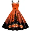 Temadräkt 2023 Robe Scarey Halloween Costumes Women Retro Party Dress Skull Print Ghost Witch Cosplay Sexig Sphagetti Strap Gothic Sundress X1010