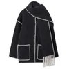 Women's Wool Blends UCXQ Women Fashion Woolen Coat Thickened Loose Scarf Tassel Matching Long Sleeve Black White Jacket Autumn Winter 23A5157 231010