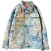 Męskie kurtki moda retro malarstwo olejne kwiat wydrukowana dżinsowa kurtka młoda przystojna luźna swobodna odzież robocza na wysokiej ulicy męskie ubrania