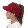 6 färger stickad hatt med randen tom topp anka tung stickad hästsvans hatt kvinnors visir