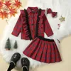 PudcocoKid Meisje Herfst 3 Stuks Outfit Plaid Print Ruches Lange Mouw Revers Shirt Tops A-lijn Rok Strik Hoofdband Set Kleding 2-7T