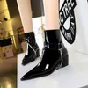 Boots Women Shoes Metal Chain Winter Ankle Zapatos De Mujer Womens Pointed Toe Patent Leather Black