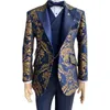 Herenpakken Blazers Jacquard Bloemen Smoking Voor Mannen Bruiloft Slim Fit Marineblauw En Goud Gentleman Jas Met Vest Broek 3 Pi229t