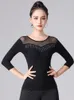 Stage Wear Solid Color Latin Dance Modern Tops Mesh Patchwork Middle Sleeve Costume Evening T-shirt Belly Women Rhinestones Dancewear