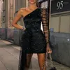 Abito etnico per le donne 2023 Glitter Una spalla Sheer Mesh increspato manica lunga aderente Mini Abiti Elegantes Para Mujer