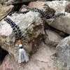 ST0186 108 Mala Bead Necklace Long Necklace with tassel Knotted Matte Black Onyx Stone Necklace Fancy Rosary Necklaces250F