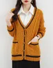 Cardigan en tricot pour femme, taille européenne, pull en laine mérinos, automne-hiver 2023, décontracté, col en V, manches longues, câble tricoté (gingembre)