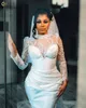 2023 Oct Arabic Aso Ebi Plus Size Sheath Lace White Wedding Dress Pearls Tea Length Bridal Gowns Dresses ZJ644