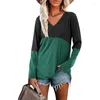 Kvinnors T-skjortor Spring och Autumn Clothing 2023 Kontrastfärgskärning V-ringning Långärmad Loose Woman Top Casual Commuter T-shirt