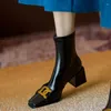 Botas 2023 Chunky Heel Booties Inverno para Mulheres Square Toe Mulheres Alta Retro Sólida Metal Fivela Bota Tornozelo