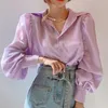 Blusas de mujer, camisa con manga de linterna para mujer, Blusas holgadas con un solo pecho, blusas coreanas de tendencia de otoño para mujer, Top morado X018 2023