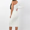 Casual Dresses 2021 Women Solid Sheath Body-con One Shoulder Fashion Long Sleeve Ruched Wrap Dress Sexy Robe Femme252A