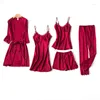 Damen-Nachtwäsche, Damen-Pyjama in Übergröße, weiblich, Sommer, Eisseide, sexy, langärmelig, dünnes Nachthemd, Kleid, fünfteilige Robe-Sets