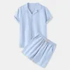 Running Sets Mens Casual Spring Solid Color Short Sleeve Turndown Collar Top Shorts Pant Suit Cotton Jacket For Tan