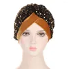 Ethnic Clothing Women Glitter Sequins Turban Hat Fashion Bonnet Twist Solid Color Hijab Chemo Cap Head Wraps Elegant Headscarf Stretchy