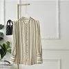 Women's T Shirts Stand Neck Top Silk Velvet Retro Vertical Stripe Printed Puff Long Sleeve Single Breasted Spring High-End