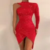 Повседневные платья Год Красное вечернее платье с блестками на одно плечо Асимметричное мини-облегающее платье с длинными рукавами и блестками Сексуальный корсет с рюшамиCas295Z