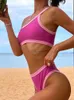 Damen Bademode Peachtan Solid Pink Bikini Set One Shoulder Badeanzug Damen 2 Stück Bandeau 2023 Strukturierte Badeanzüge