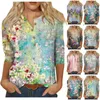 Camisetas femininas moda pintura a óleo impressão topos três quartos manga botão colarinho casual feminino camiseta blusa gráfica