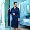 Men's Robes Navy Blue Mens Kimono Robe Faux Silk Bath Gown Bathrobe Long Sleeve Nightgown Home Wear Sleepwear Hombre Pijama Size S-XXXL 231011