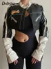 Kadın Ceketleri Darlingaga Streetwear Punk Style Patchwork Kırpılmış PU Deri Ceket Kadın Fermuar Sonbahar Kış Ceketi Kontrast Renk Temel Ceket 231010