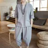 Men's Tracksuits 2021 Summer Chinese Style Linen Suit Short Sleeve T-shirt Korean Trend Slim Two Piece Cotton And Set183L