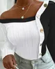 女性用Tシャツ色の非対称ネックコントラストテクスチャトップ2023ファッションセール秋