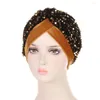 Ethnic Clothing Women Glitter Sequins Turban Hat Fashion Bonnet Twist Solid Color Hijab Chemo Cap Head Wraps Elegant Headscarf Stretchy