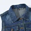 Gilets pour femmes boutonné lavé Denim veste sans manches gilet court couleur unie revers bouton poche dames manteaux Style haut