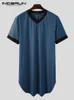 Men's Robes INCERUN Men's Nightgown Fashion Patchwork Sleep Robe Solid Sleepwear Short Sleeve Bathrobe Loose V Neck Nightwear S-5XL 231011