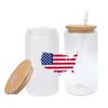 USA CA Warehouse 16oz Straight Clear Frosted Beer Can Glass Sublimation Tumbler med bambu lock och halm 4.23