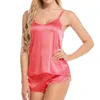 Casa roupas femininas conjunto de pijama 2 peça cor sólida cinta espaguete com decote em v pijamas lingeries cintura alta shorts camisola verão pijama