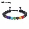 Kittenup Men Women 8mm Lava Rock 7 Chakra Beadsブレスレット編組ロープディフューザーブレスレットバングルナチュラルストーンファッションジュエリー234i