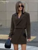 Work Dresses Clacive Winter Slim Brown Office Womens 2 Piece Outfit Set 2023 Elegant Long Sleeve Crop Top With High Waist Mini Skirts