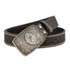 Bälten Western Pu Leathers Cowboy Buckle Belt för män och kvinnor jeans graverade blommor metallnit