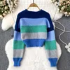 Swetry damskie Vintage Stripe O Neck Długie rękaw Kolek -Koreański sweter modowy Kobiet jesienne zimowe top