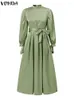 Casual jurken oversized vestidos VONDA elegante satijnen jurk dames lange mouw feest bruiloft herfst opstaande kraag losse effen maxi zonnejurk