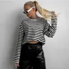 Kvinnors T-skjortor Kvinnor Elegant Fashion Long Sleeve O Neck Loose T-shirt Y2K Ins Clothes Streetwear Black White Stripe Top