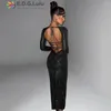 Casual Dresses EDGLuLu Strapless Long Sleeved Black Sequins Birthday Dress Lace-Up Backless Sexy Elegant Split Party Evening 0903