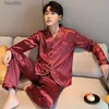 Pijamas masculinos novos conjuntos de pijama de seda cetim para homem camisa de manga longa pijama moda macio casa noite wear tamanho grande loungewearl231011